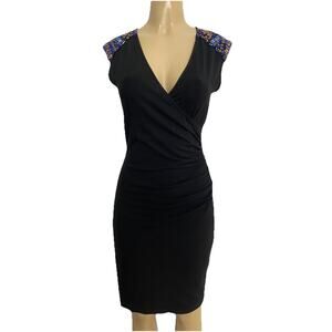 Cache Dress Sheath Cap Sleeve Surplice V neck Black Beaded Embellished Ruched M